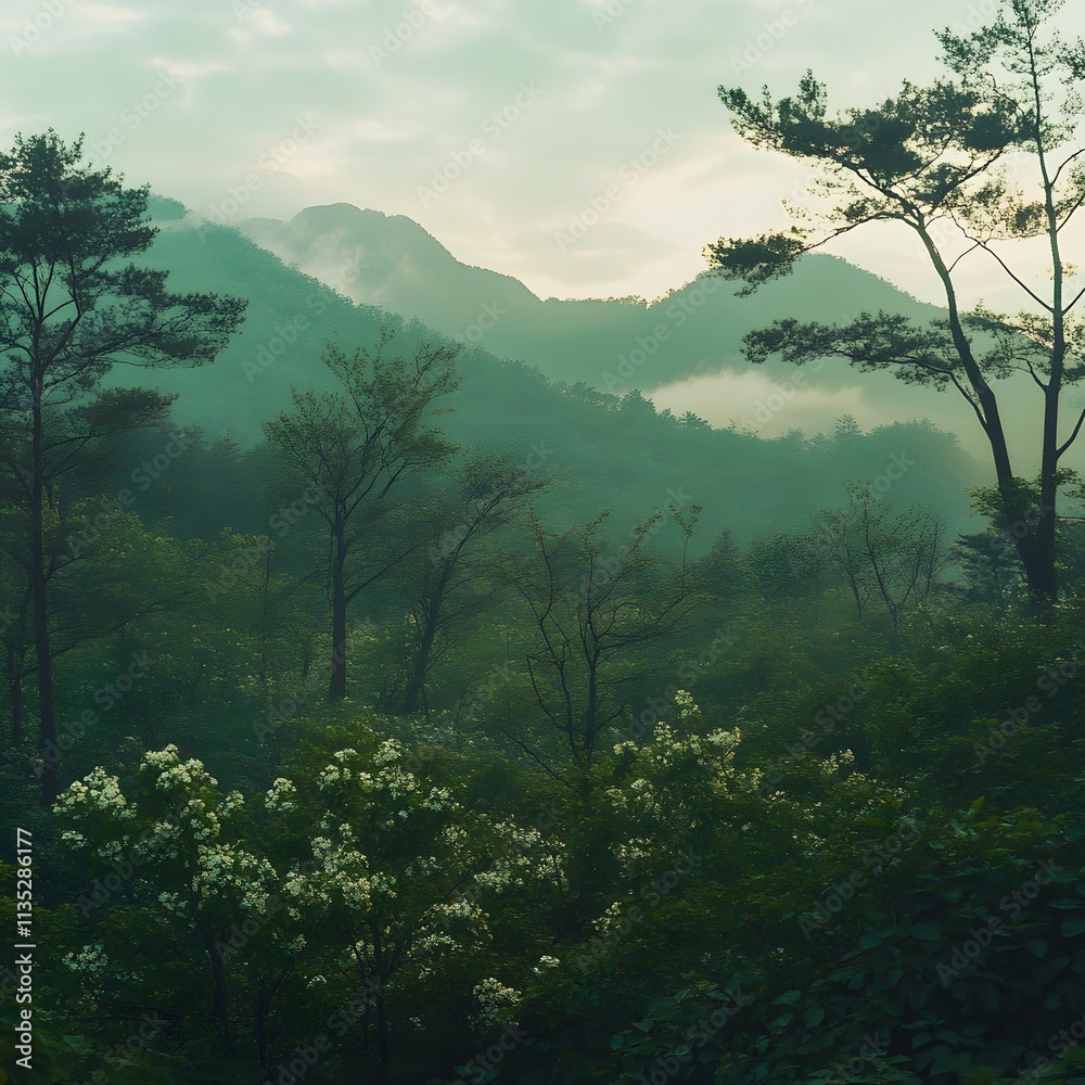 Obraz premium Vibrant spring foliage surrounds a misty mountain landscape in early morning light