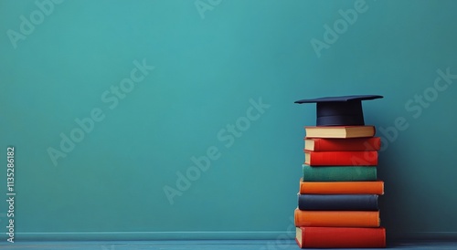 Graduation cap resting on stack of colorful books against teal wall in a stud...