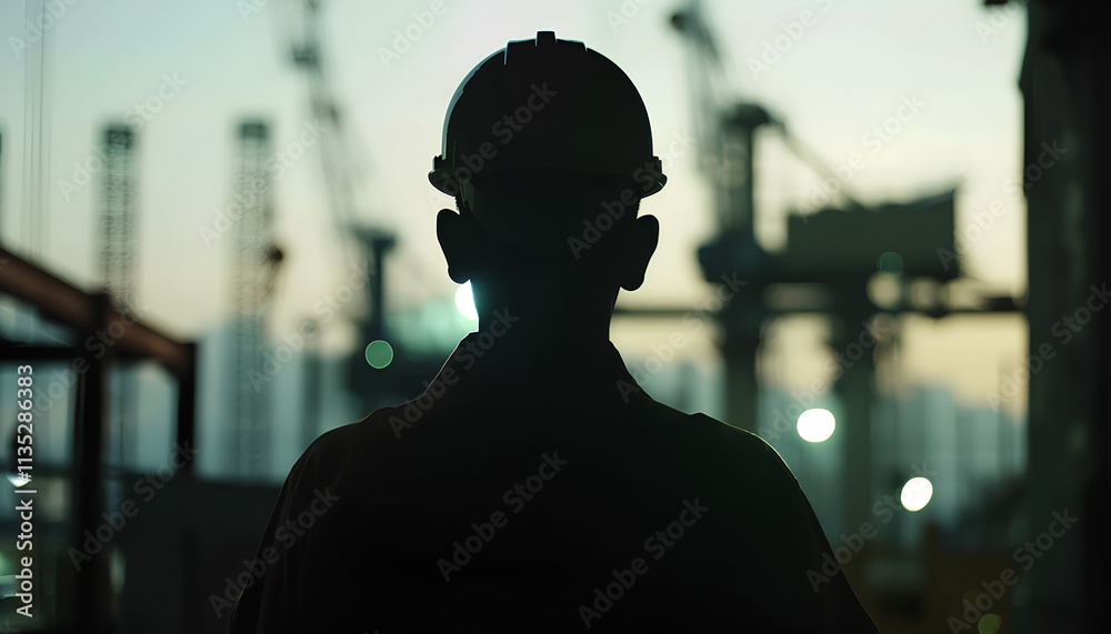 Silhouette man engineer looking for builder on construction site over blurred builder on construction site Silhouette man engineer looking for builder on construction site over blurred builder on construction site
