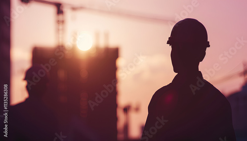 Silhouette man engineer looking for builder on construction site over blurred builder on construction site