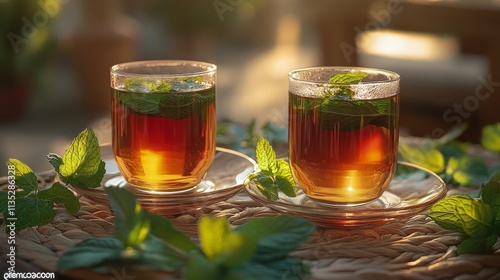 Refreshing mint drinks served in glasses with ice in a dimly lit setting
