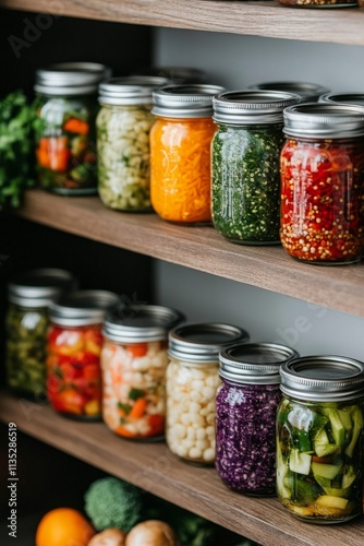 Colorful assortment of homemade pickled vegetables and fruits in jars on a ki...
