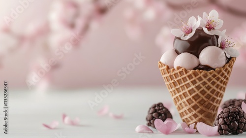 Delicious three scoop strawberry ice cream cones held in hands against a blue...