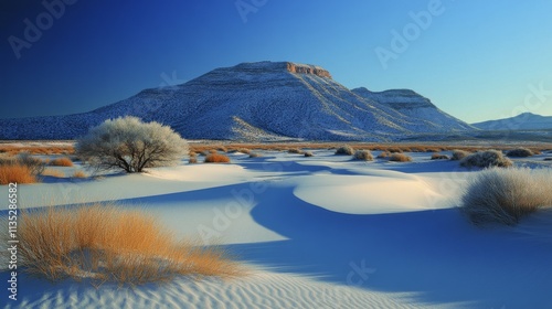 Vast desert landscape with a solitary tree and distant mountains under a blue...