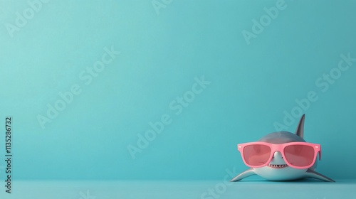 Shark wearing pink sunglasses on a bright blue background in a playful setting