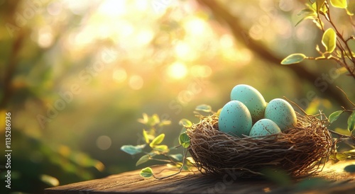 Colorful Easter eggs nestled in a natural nest surrounded by soft sunlight an...