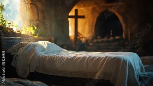 Serene cave interior with a bed and a cross overlooking a vibrant landscape