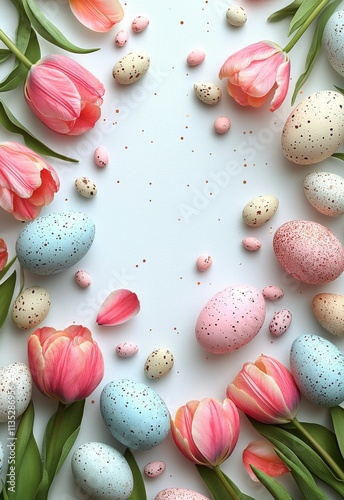 Colorful speckled eggs and tulips arranged for a festive spring celebration