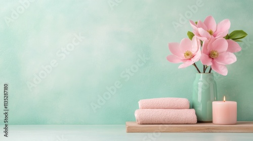 Relaxing spa setting with towels, flowers, and candle on a soft pastel backgr...