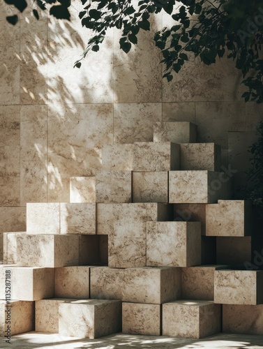 Geometric arrival of spring: Stacks of beige bricks delivered for landscaping in botanical garden, for themes of order, balance, permanence, proportion photo