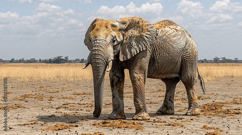 Fototapeta premium Thin Elephant Struggling in Dry Savannah Symbolic of Environmental Challenges