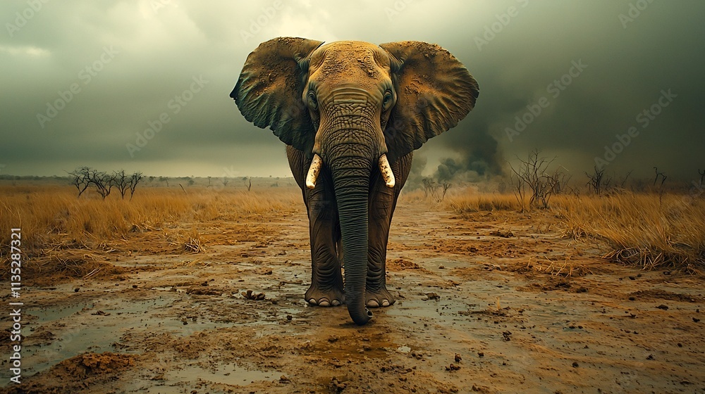 Fototapeta premium Emaciated Elephant Wandering Through Dry Savannah Environmental Crisis Symbolized