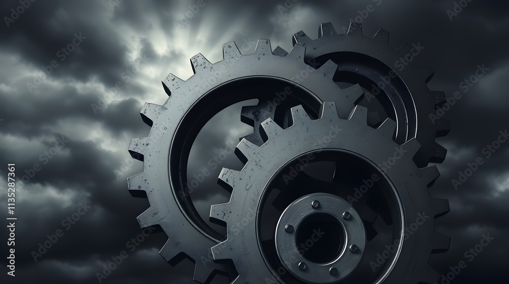 Dark metallic gears set against dramatic clouds, representing industry and labor for Labor Day Dark metallic gears set against dramatic clouds, representing industry and labor for Labor Day