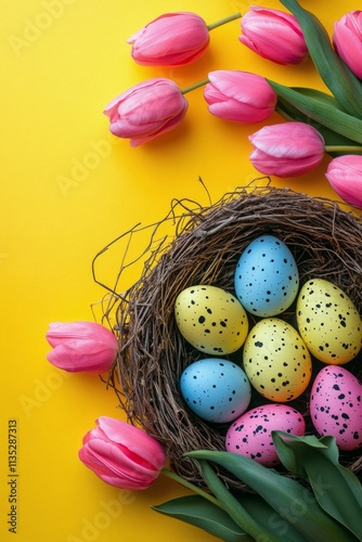 Brightly colored Easter eggs in a nest surrounded by pink tulips on a yellow ...