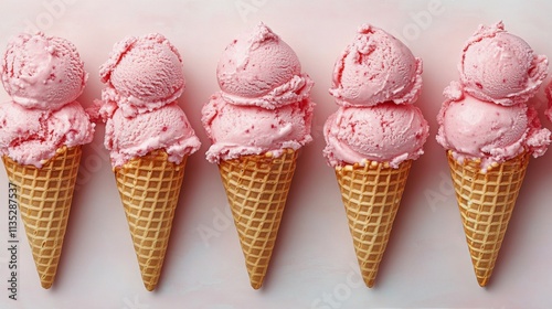 Pink ice cream cones arranged in a line on a light background