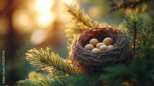 Nest with speckled eggs resting on a mossy tree branch in a serene natural se...