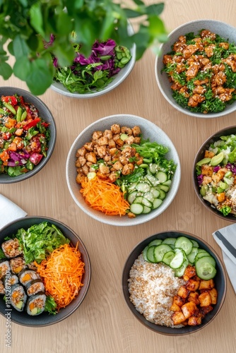 Colorful variety of healthy bowls arranged on a wooden table showcasing fresh...