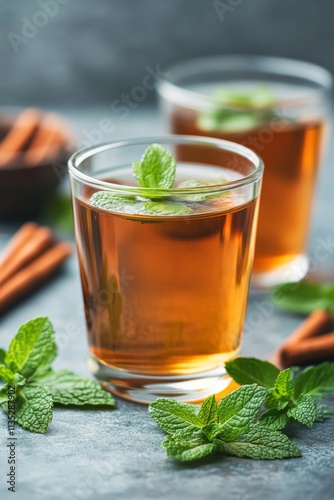 Refreshing mint drinks served in glasses with ice on a dark background