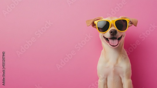 Cute puppy wearing yellow sunglasses poses against a pink background for an a...