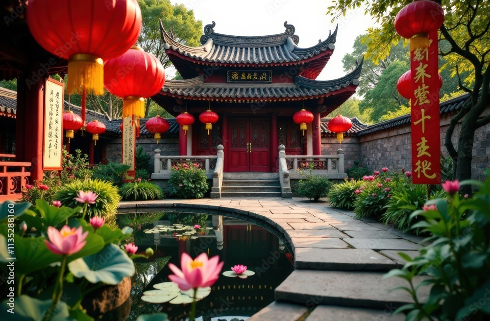 A serene view of a Chinese temple garden, decorated with garden features a koi pond with lotus flowers and a stone pathway leading to the temple. 
