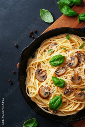 Delicious spaghetti with mushrooms and fresh basil served in a skillet