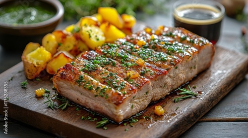 Delicious grilled meat with roasted potatoes and a refreshing drink served on...