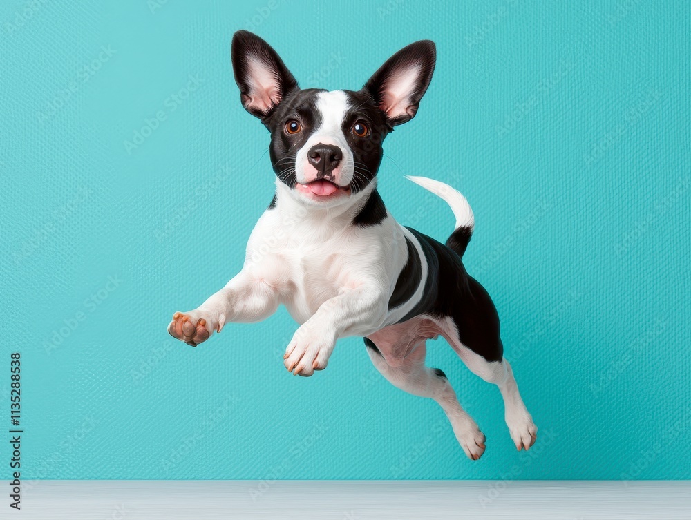 Playful Black and White Puppy in Mid-Air Leap Playful Black and White Puppy in Mid-Air Leap