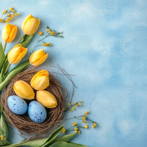 Colorful spring arrangement with yellow tulips and decorative Easter eggs on ...