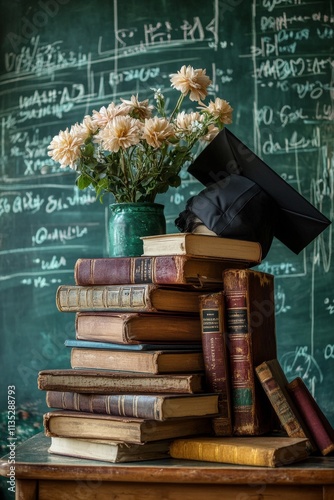 Graduation cap atop vintage books in front of a chalkboard filled with equations