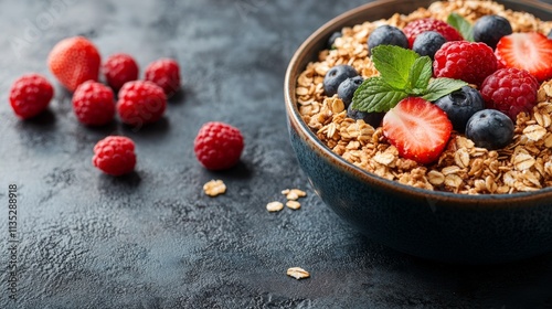 Fresh raspberry crumble dessert with granola topping served in cast iron pan