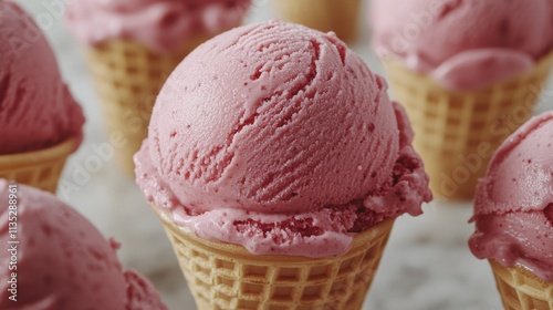 Pink ice cream cones arranged in a line on a light background