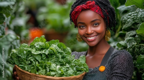 Woman harvesting fresh greens in sustainable garden during a sunny afternoon