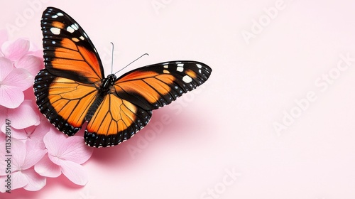 Orange Butterfly on Pink Hydrangea Blossoms