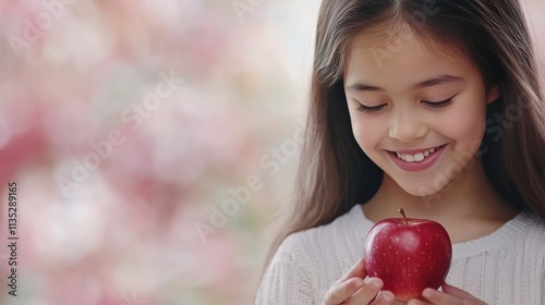Young girl smiles brightly while holding a pumpkin during autumn harvest fest...