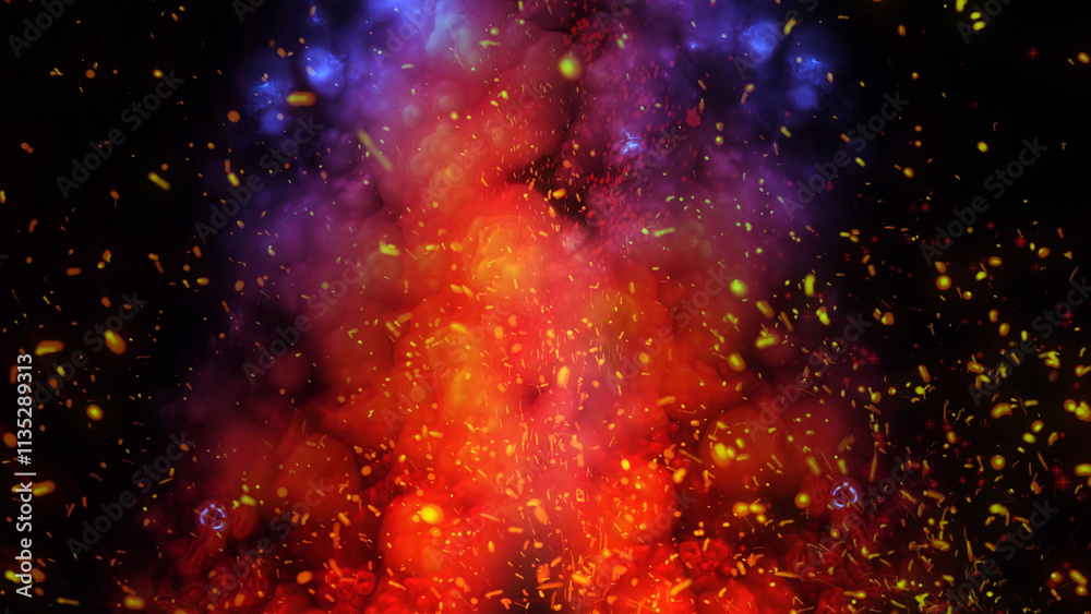 Naklejka premium Bright fiery sparks and voluminous smoke rise to the sky creating a warm effect and immersing you in its atmosphere. 