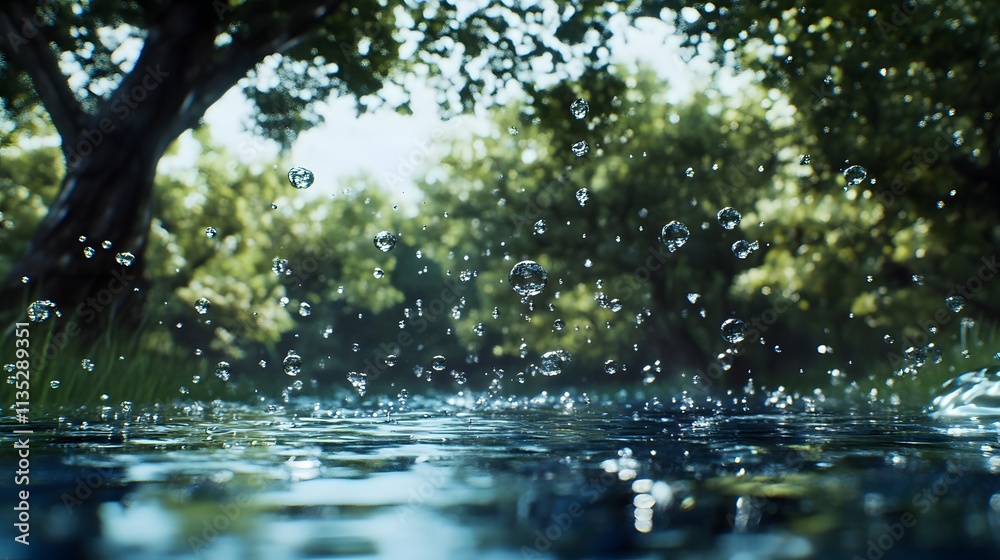 Fototapeta premium Ripples dance across a serene pond under dappled sunlight in a tranquil setting