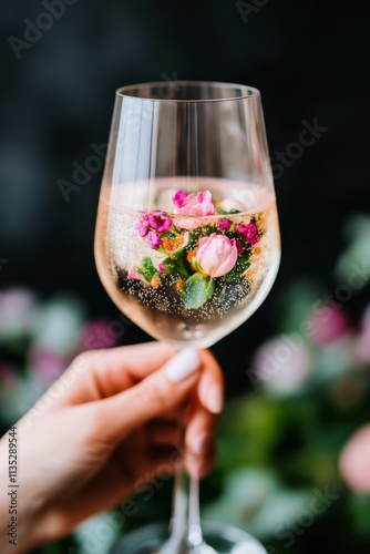 Celebrating with a sparkling drink in a floral setting during springtime