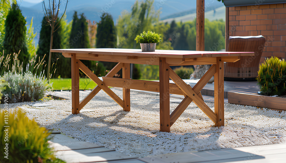 Empty wooden table in garden on sunny day. Space for design Empty wooden table in garden on sunny day. Space for design