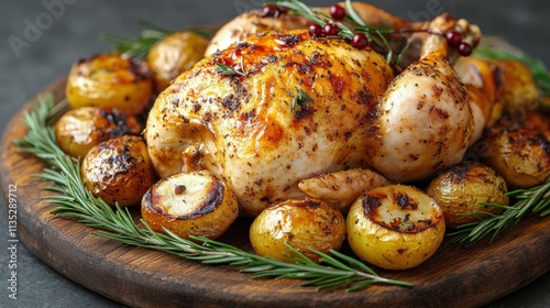 Roasted turkey garnished with greens and berries on a wooden platter ready fo...