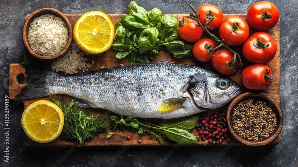 Fresh fish preparation with herbs and vegetables in a kitchen setting