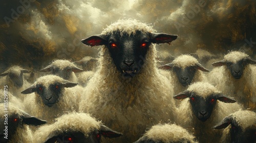 Menacing sheep with glowing red eyes leading a flock under a stormy sky.