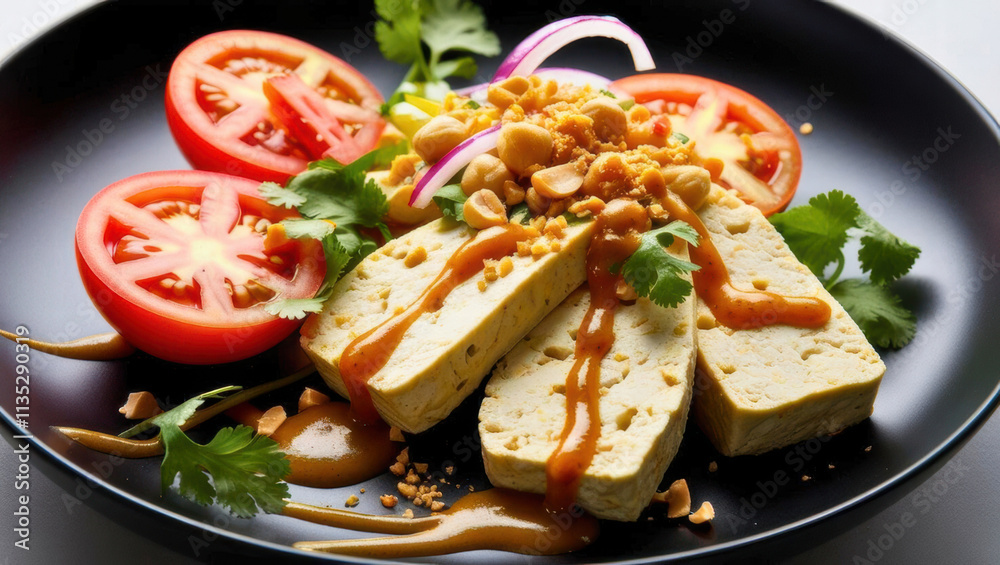 Delicious vegan tofu salad with peanuts and tomatoes stylish plate modern kitchen close-up Delicious vegan tofu salad with peanuts and tomatoes stylish plate modern kitchen close-up