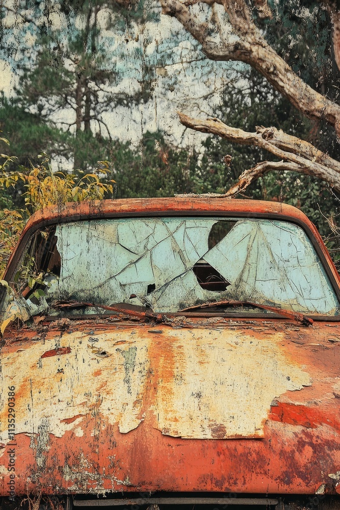 Rusty vehicle, shattered windshield, overgrown nature. Rusty vehicle, shattered windshield, overgrown nature.