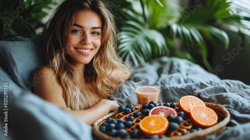 Morning breakfast in bed with fresh fruit and waffles enjoyed by a smiling wo...