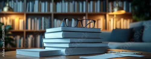 Books stacked on a wooden table with glasses and a small plant in a cozy read...
