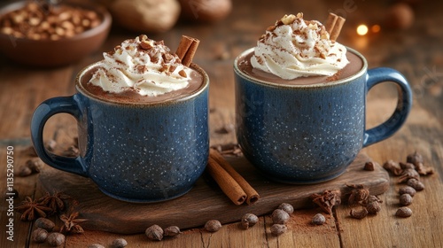 Richly topped hot chocolate in cozy mugs with spices and nuts on a wooden table