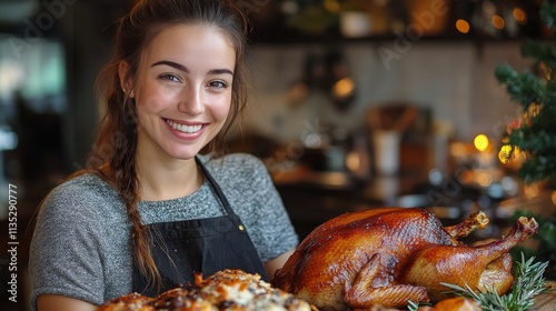 Smiling cook holds roasted turkey at festive kitchen during holiday preparations