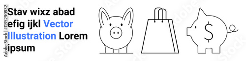 Three cartoons of two piggy banks and a shopping bag next to filler text. Ideal for finance, e-commerce, shopping, banking, savings, investments, budgeting. Landing page