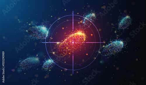 Abstract illustration of targeting malicious red bacteria cell made of glowing neon particles in the center. Blue geometric background depicting antibiotic treatment therapy healtcare medical concept
