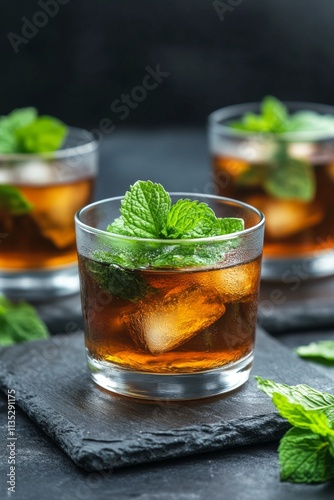 Refreshing mint drinks served in glasses with ice on a dark background